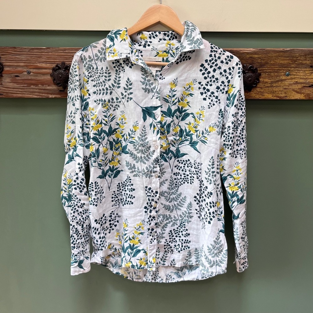 Cynthia Rowley Womens‎ Linen Floral Button Down Shirt White Yellow Green Size M